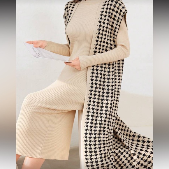 Beige and Black Houndstooth Long Cardigan Dress - Picture 11 of 14